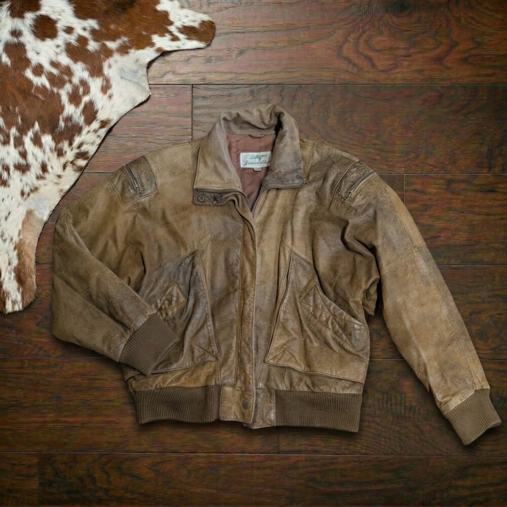 Vintage Oversized 1980s Distressed Leather Bomber Jacket